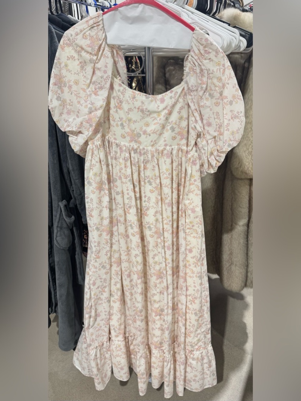NORALEE WOMENS XL Floral Puff-Sleeve Dress - Light Cream with Pink Floral Print